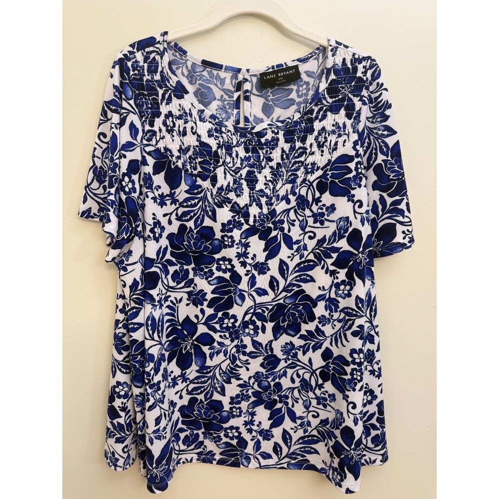 Lane Bryant Women 18 20 Swing Style Blue White Print Flutter Sleeve Pullover